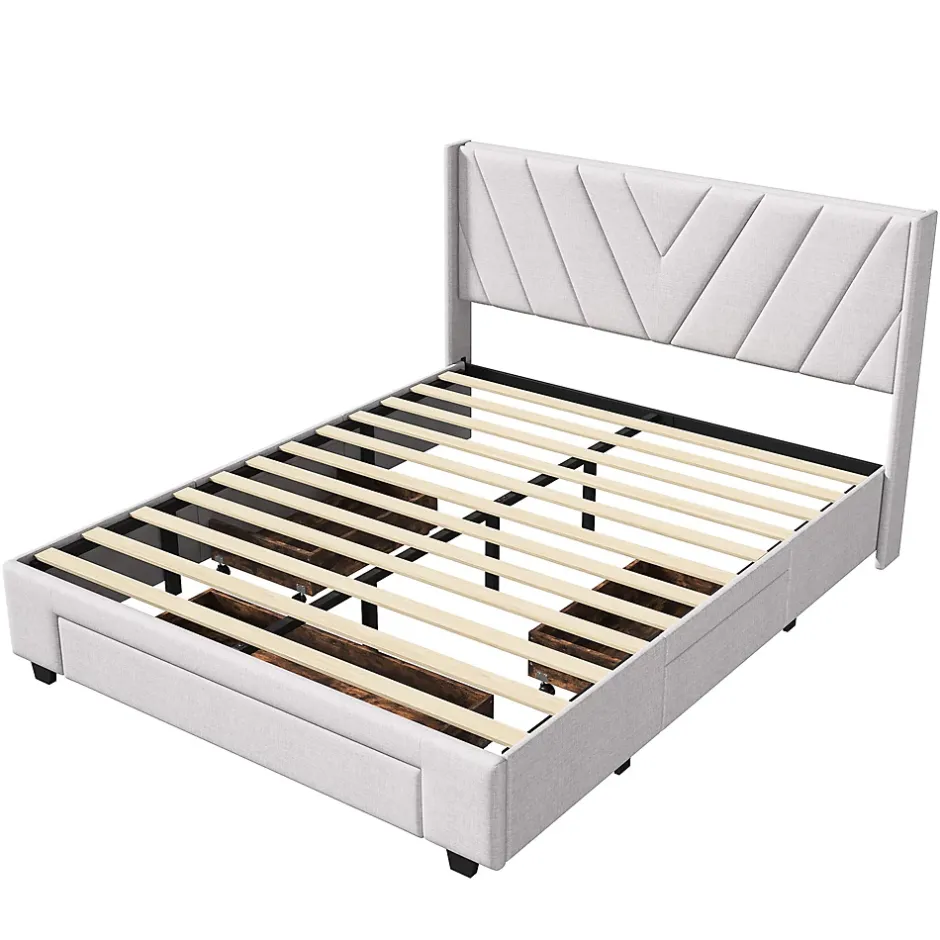 Generique Lit double 160x200 cm avec 3 tiroirs, sommier à lattes, lit queen size, linge, lit capitonné pour adulte - Beige New
