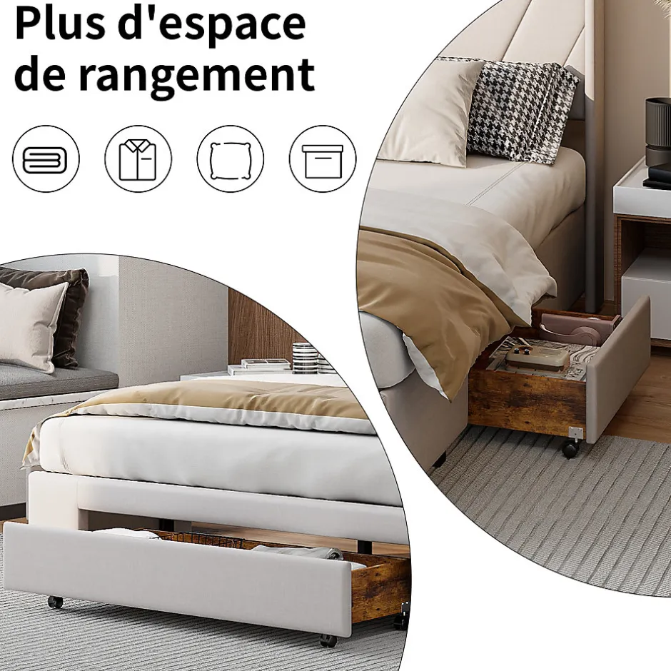 Generique Lit double 160x200 cm avec 3 tiroirs, sommier à lattes, lit queen size, linge, lit capitonné pour adulte - Beige New