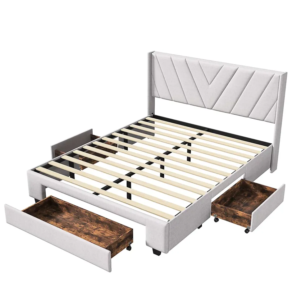 Generique Lit double 160x200 cm avec 3 tiroirs, sommier à lattes, lit queen size, linge, lit capitonné pour adulte - Beige New