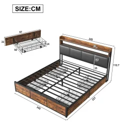 ProximaX Lit double 140x200 cm avec cadre en métal, tête de lit en PU noir mat motif tigre et éclairage LED intégré