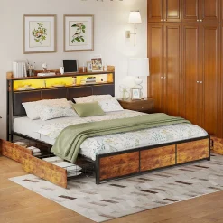 ProximaX Lit double 140x200 cm avec cadre en métal, tête de lit en PU noir mat motif tigre et éclairage LED intégré