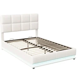 Fortuna lai Lit Double 140x190 Cm, Avec Éclairage LED, Lit Avec Sommier Et Rangement, Pu, Blanc