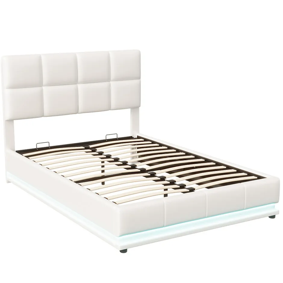 Fortuna lai Lit Double 140x190 Cm, Avec Éclairage LED, Lit Avec Sommier Et Rangement, Pu, Blanc