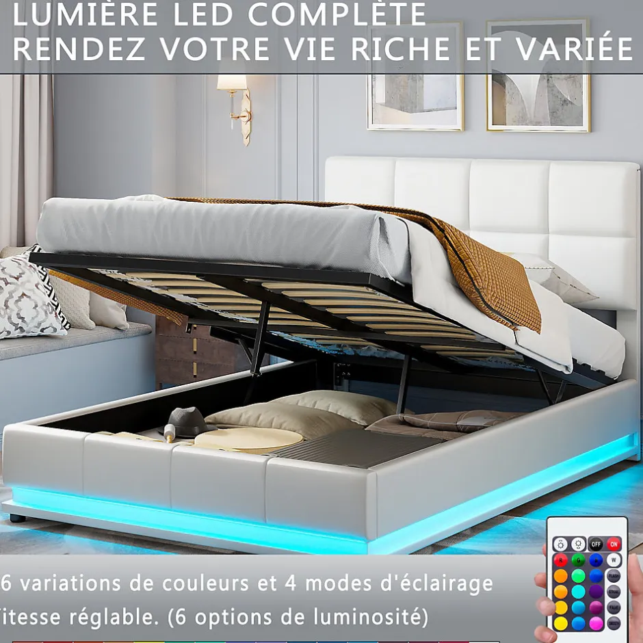 Fortuna lai Lit Double 140x190 Cm, Avec Éclairage LED, Lit Avec Sommier Et Rangement, Pu, Blanc