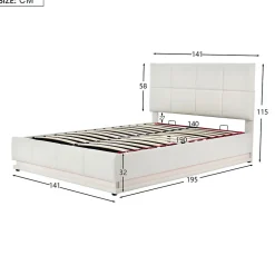 Fortuna lai Lit Double 140x190 Cm, Avec Éclairage LED, Lit Avec Sommier Et Rangement, Pu, Blanc