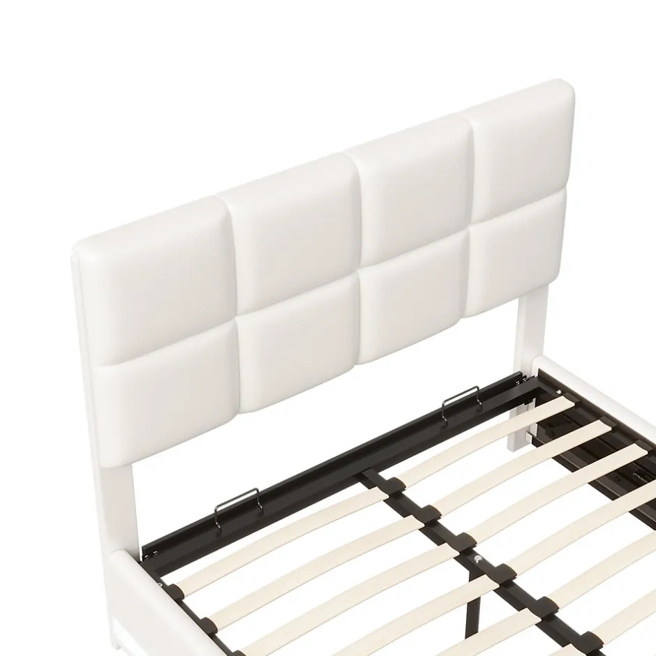Fortuna lai Lit Double 140x190 Cm, Avec Éclairage LED, Lit Avec Sommier Et Rangement, Pu, Blanc