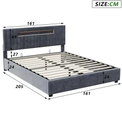 Fortuna lai Lit Double 160x200 cm avec Coffre de Rangement Hydraulique Velours Capitonné Gris, Éclairage LED Intégré et Cadre Robuste Sale