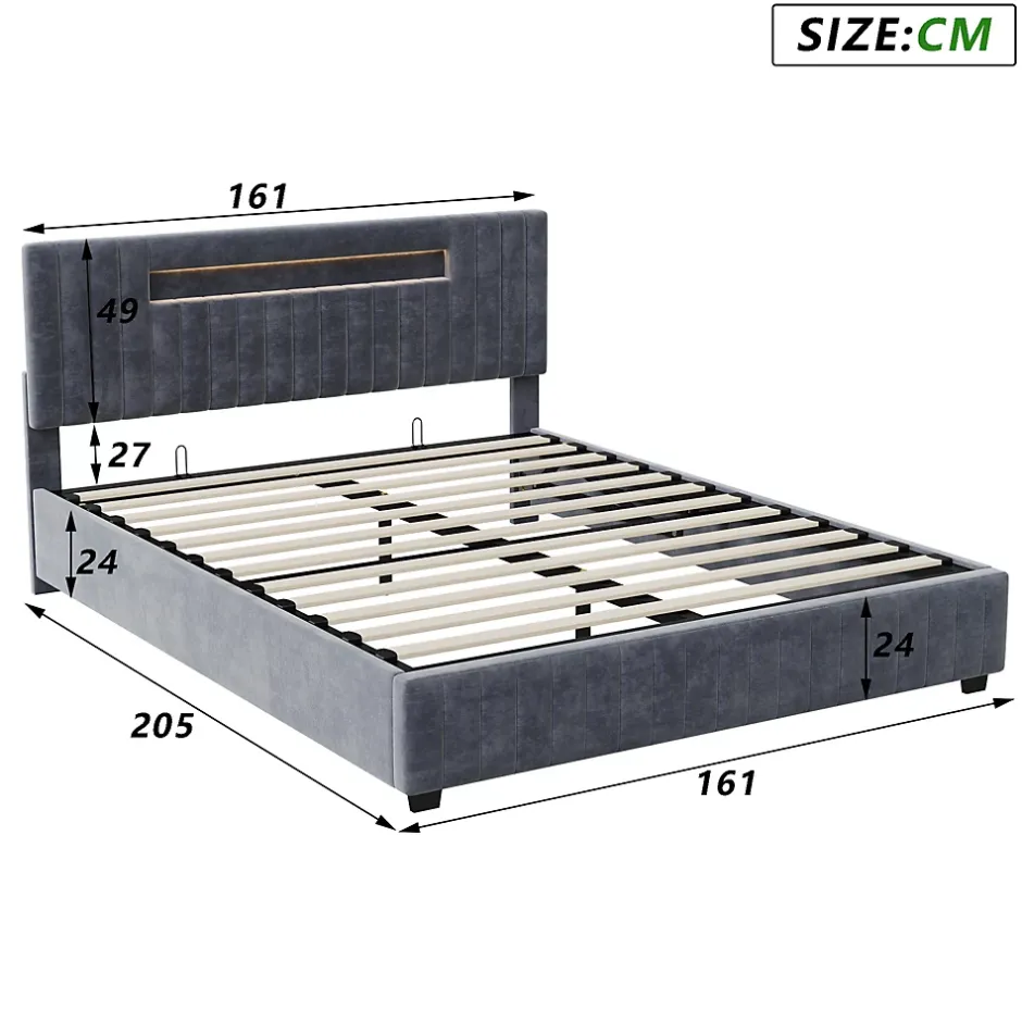 Fortuna lai Lit Double 160x200 cm avec Coffre de Rangement Hydraulique Velours Capitonné Gris, Éclairage LED Intégré et Cadre Robuste Sale