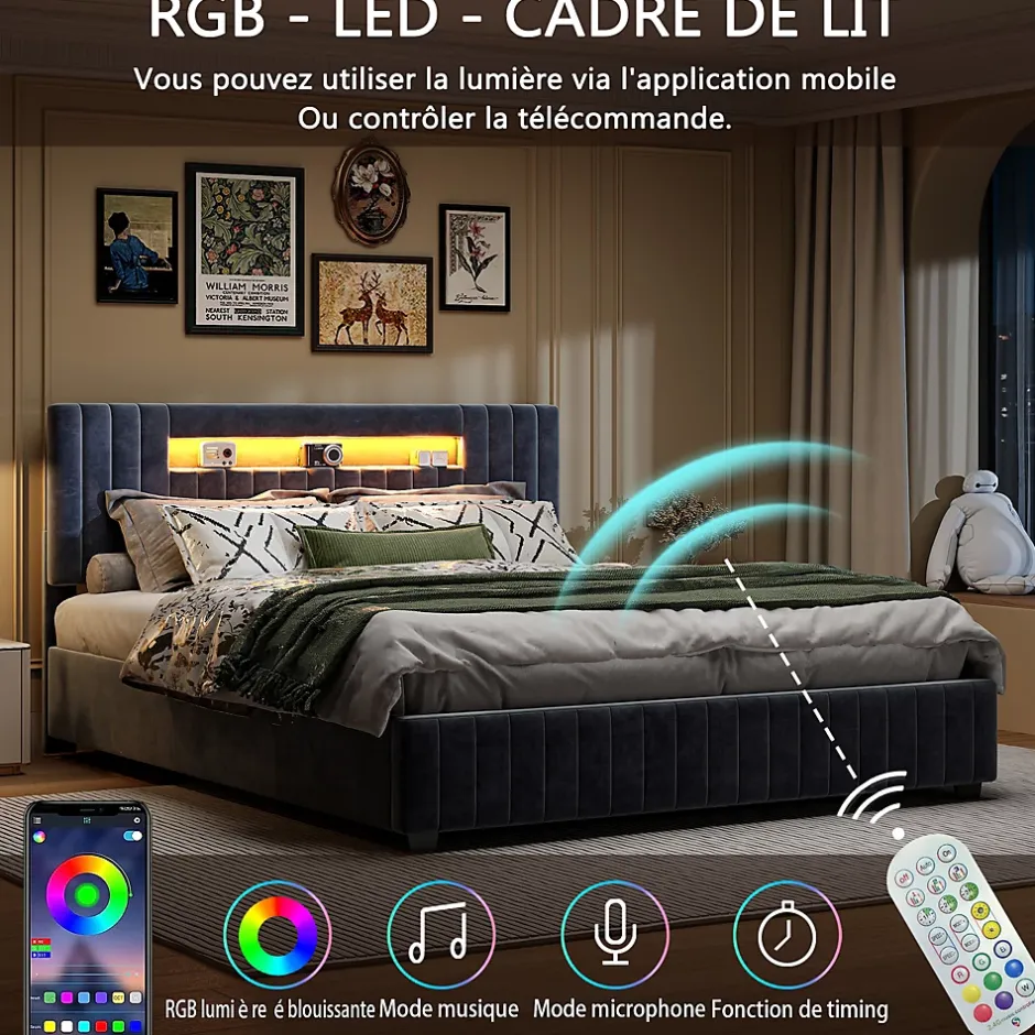 Fortuna lai Lit Double 160x200 cm avec Coffre de Rangement Hydraulique Velours Capitonné Gris, Éclairage LED Intégré et Cadre Robuste Sale