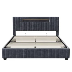Fortuna lai Lit Double 160x200 cm avec Coffre de Rangement Hydraulique Velours Capitonné Gris, Éclairage LED Intégré et Cadre Robuste Sale