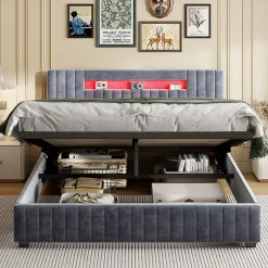 Fortuna lai Lit Double 160x200 cm avec Coffre de Rangement Hydraulique Velours Capitonné Gris, Éclairage LED Intégré et Cadre Robuste Sale