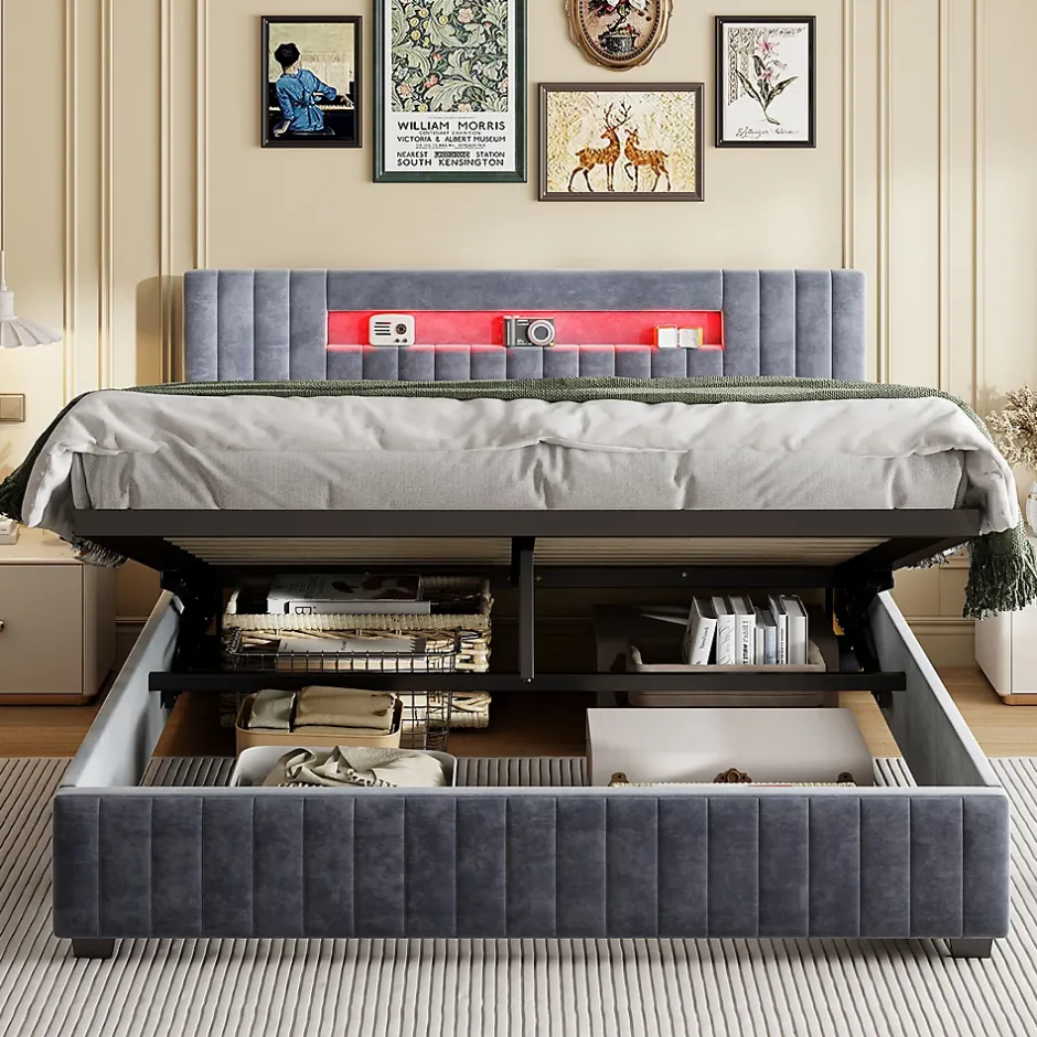 Fortuna lai Lit Double 160x200 cm avec Coffre de Rangement Hydraulique Velours Capitonné Gris, Éclairage LED Intégré et Cadre Robuste Sale