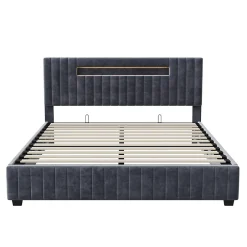 Fortuna lai Lit Double 140x200 cm avec Coffre de Rangement Hydraulique Velours Capitonné Gris, Éclairage LED Intégré et Cadre Robuste