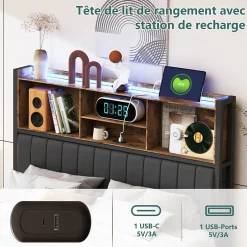 Simple Life Lit double 140x200 cm avec LED, structure en métal, 2 tiroirs, tête de lit avec rangement, sommier à lattes Online