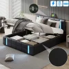 Generique Lit double 140x200 cm avec LED, USB, tête de lit, sommier à lattes, PU noir, fonction de charge
