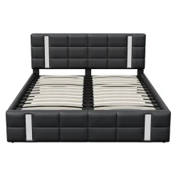 Generique Lit double 140x200 cm avec LED, USB, tête de lit, sommier à lattes, PU noir, fonction de charge