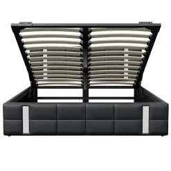 Generique Lit double 140x200 cm avec LED, USB, tête de lit, sommier à lattes, PU noir, fonction de charge