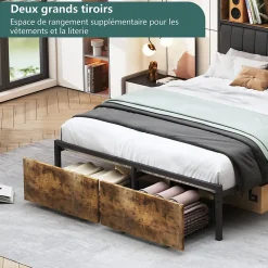 Fortuna lai Lit double 160x200 cm avec LED, cadre métal, 2 tiroirs, tête avec rangement, sommier lattes Best