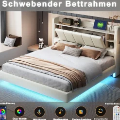 Okwish Lit Double 140x200 cm avec Ports USB, Éclairage LED et Rangement Intégré - Tête de Lit Réversible - Lin Beige Hot