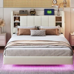 Okwish Lit Double 140x200 cm avec Ports USB, Éclairage LED et Rangement Intégré - Tête de Lit Réversible - Lin Beige Hot