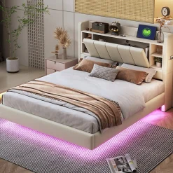 Okwish Lit Double 140x200 cm avec Ports USB, Éclairage LED et Rangement Intégré - Tête de Lit Réversible - Lin Beige Hot