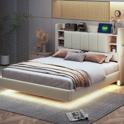 Okwish Lit Double 140x200 cm avec Ports USB, Éclairage LED et Rangement Intégré - Tête de Lit Réversible - Lin Beige Hot
