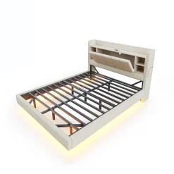 Okwish Lit Double 140x200 cm avec Ports USB, Éclairage LED et Rangement Intégré - Tête de Lit Réversible - Lin Beige Hot
