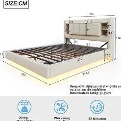 Okwish Lit Double 160x200 cm avec Ports USB, Éclairage LED et Rangement Intégré - Tête de Lit Réversible - Lin Beige, Sans Matelas