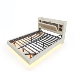 Okwish Lit Double 160x200 cm avec Ports USB, Éclairage LED et Rangement Intégré - Tête de Lit Réversible - Lin Beige, Sans Matelas