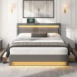 Generique Lit double 140x200 cm avec Rangement - Lit Capitonné PU avec USB et Chargeur Sans Fil Intégré, Éclairage LED - Gris - Sans Matelas Sale