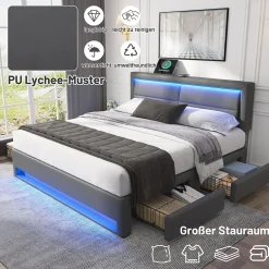 Generique Lit double 140x200 cm avec Rangement - Lit Capitonné PU avec USB et Chargeur Sans Fil Intégré, Éclairage LED - Gris - Sans Matelas Sale