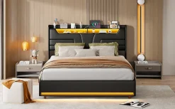 Simple Life Lit Double 140x200 Cm Avec Rangement Et Port De Charge, Éclairage Par Bande Lumineuse, Noir Outlet