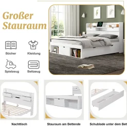 Okwish Lit double 140x200 cm avec tiroirs, armoire latérale et port USB, structure pin et contreplaqué blanc, sans matelas New