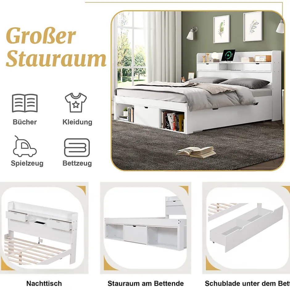 Okwish Lit double 140x200 cm avec tiroirs, armoire latérale et port USB, structure pin et contreplaqué blanc, sans matelas New