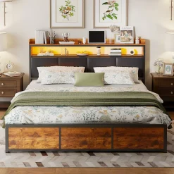 Generique Lit double 140x200 cm avec tiroirs, LED, tête de lit avec rangement, cadre en métal, noir mat New