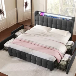 Generique Lit double 160x200 cm avec tête de lit LED, ports USB, 4 tiroirs et sommier à lattes en bois, gris Online
