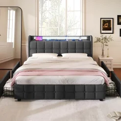 Generique Lit double 160x200 cm avec tête de lit LED, ports USB, 4 tiroirs et sommier à lattes en bois, gris Online