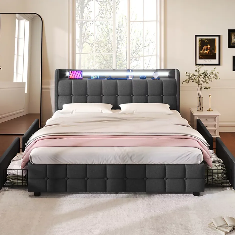 Generique Lit double 160x200 cm avec tête de lit LED, ports USB, 4 tiroirs et sommier à lattes en bois, gris Online