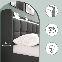 Generique Lit double 160x200 cm avec tête de lit LED, ports USB, 4 tiroirs et sommier à lattes en bois, gris Online