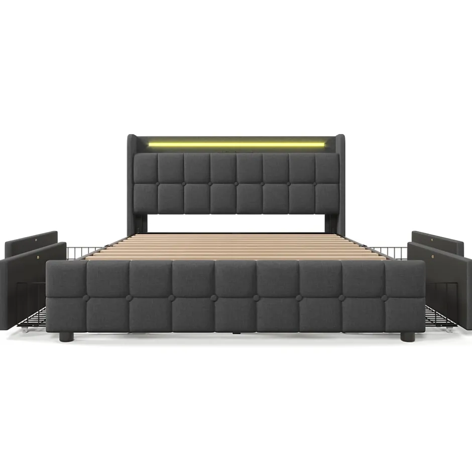 Generique Lit double 160x200 cm avec tête de lit LED, ports USB, 4 tiroirs et sommier à lattes en bois, gris Online