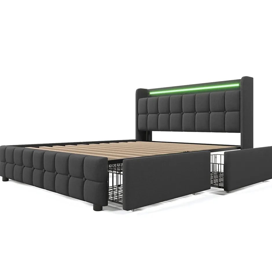 Generique Lit double 160x200 cm avec tête de lit LED, ports USB, 4 tiroirs et sommier à lattes en bois, gris Online