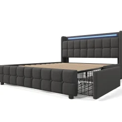 Generique Lit double 160x200 cm avec tête de lit LED, ports USB, 4 tiroirs et sommier à lattes en bois, gris Online