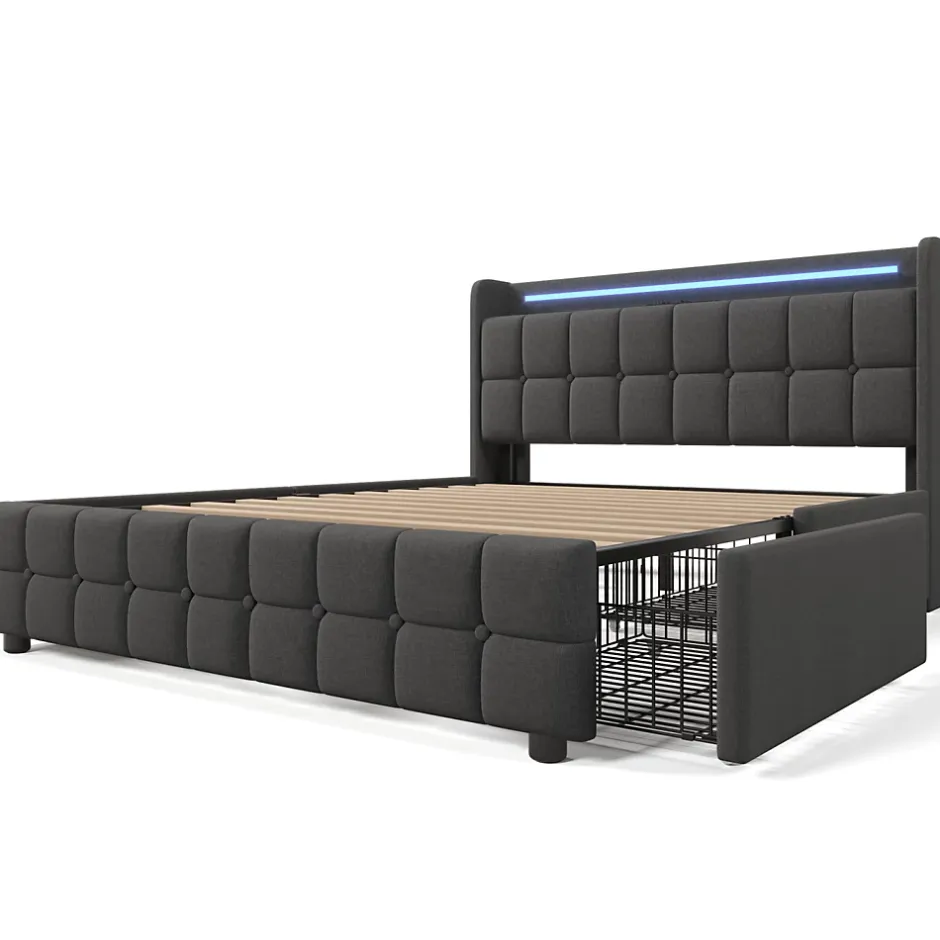 Generique Lit double 160x200 cm avec tête de lit LED, ports USB, 4 tiroirs et sommier à lattes en bois, gris Online