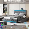 Generique Lit double 180x200 cm avec tête de lit LED réglable, USB et Type-C, 4 tiroirs, sommier à lattes, structure en métal - Gris