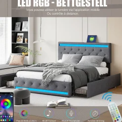 Generique Lit double 180x200 cm avec tête de lit LED réglable, USB et Type-C, 4 tiroirs, sommier à lattes, structure en métal - Gris