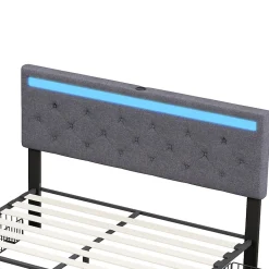 Generique Lit double 180x200 cm avec tête de lit LED réglable, USB et Type-C, 4 tiroirs, sommier à lattes, structure en métal - Gris