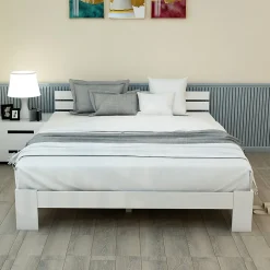 Okwish Lit Double 140x200 cm avec Tête de Lit, Cadre en Bois de Pin Massif et Sommier Intégré - Blanc, Sans Matelas