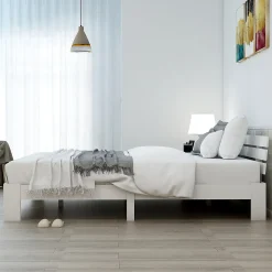 Okwish Lit Double 140x200 cm avec Tête de Lit, Cadre en Bois de Pin Massif et Sommier Intégré - Blanc, Sans Matelas
