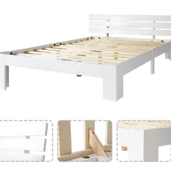 Okwish Lit Double 140x200 cm avec Tête de Lit, Cadre en Bois de Pin Massif et Sommier Intégré - Blanc, Sans Matelas