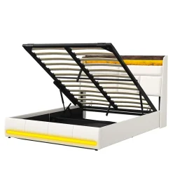 Generique Lit double 140x200 cm avec tête de lit rembourrée, LED, ports USB Type-C, rangement intégré et sommier à lattes